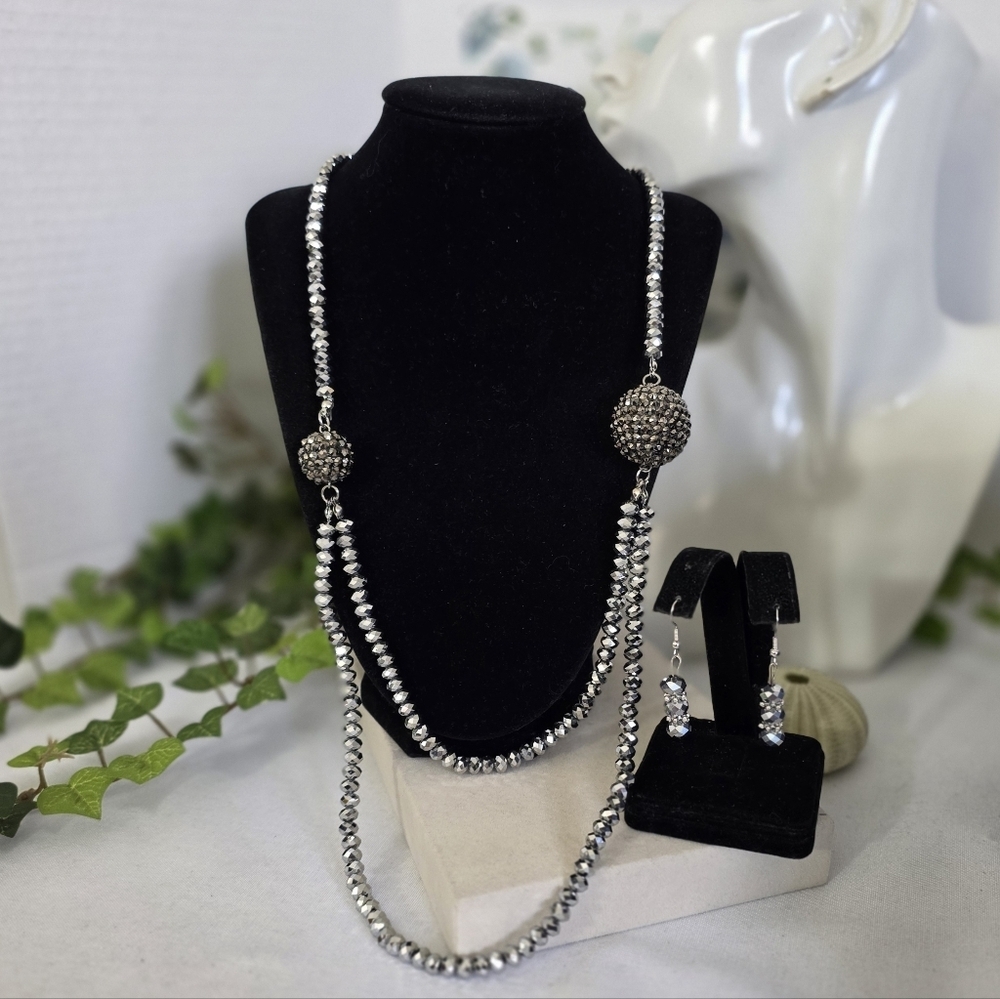 Silver Faceted Crystal Bead Necklace and Earrings Disco Ball Shiny